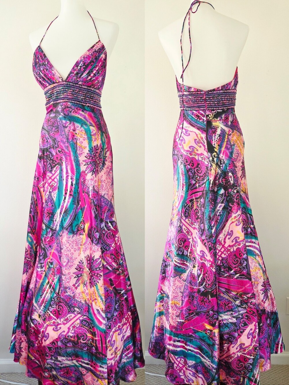 Camille La Vie Silk halter evening gown Prom Dress Paisley Psycodelic Medium Y2K